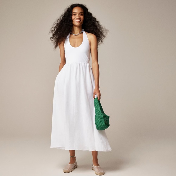 NWT!! J. CREW Halter Mixy Dress Linen Solid White Midi Pockets Preppy XXS - Picture 1 of 16